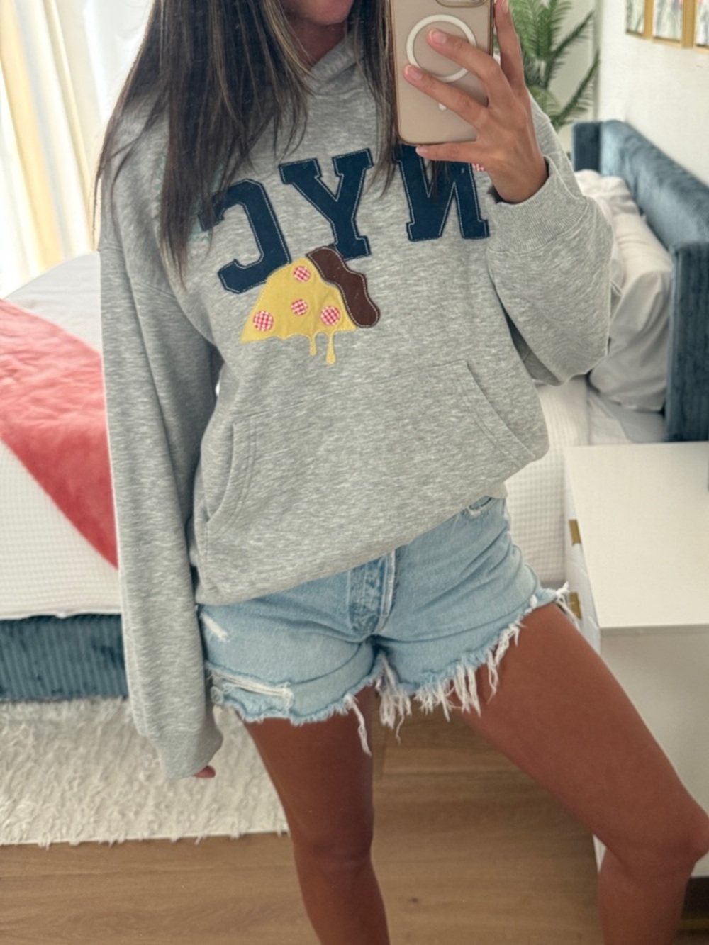 Altar'd State Light Gray Scoop Neck Sweater with Navy NYC and Yellow Pizza Patch
